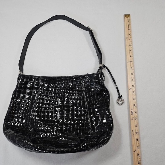 Brighton Black Croc Embossed Patent Leather Shoulder Bag Hobo Silver Tone - Picture 6 of 16